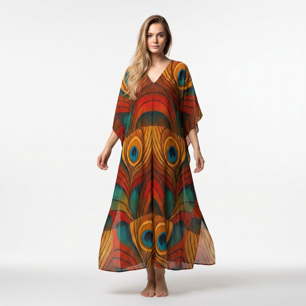 Caftan Yellow Peacock Feather in Lightweight Organic Cotton Voile