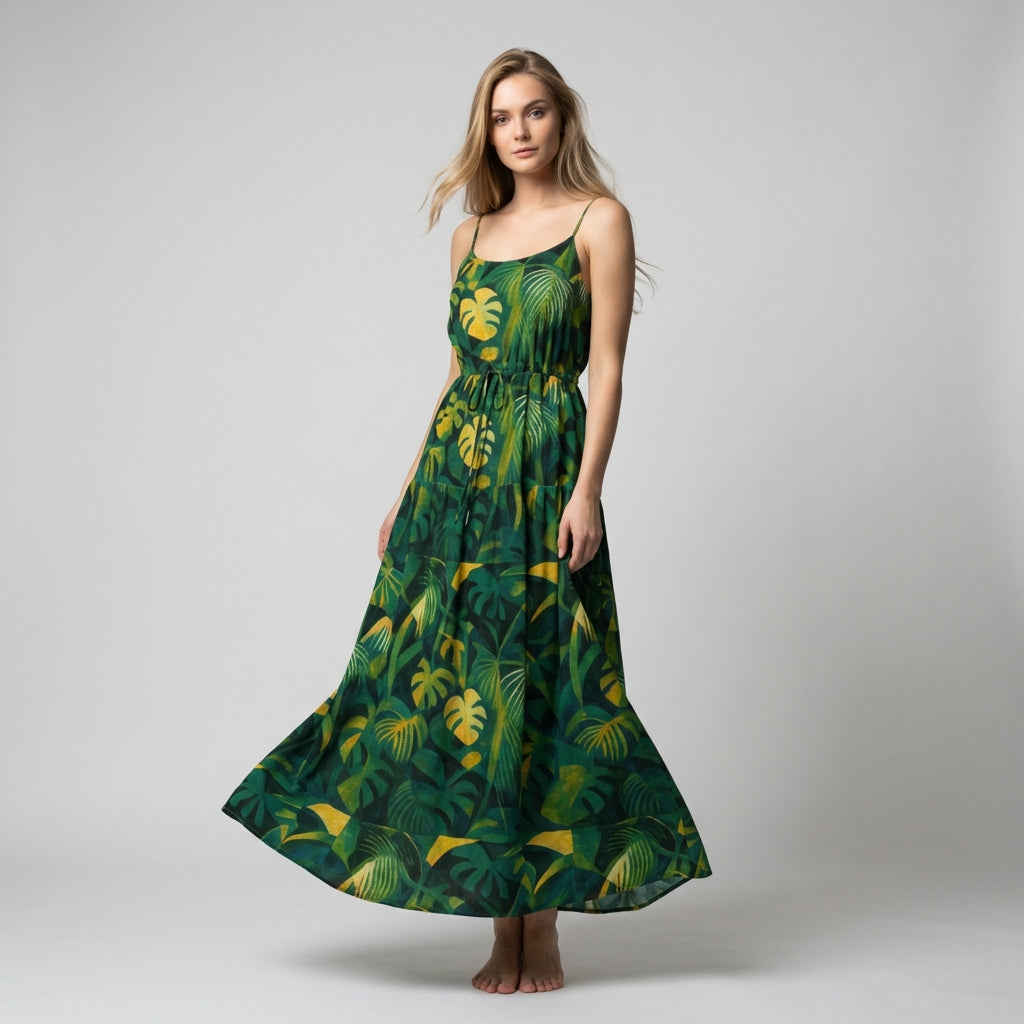 Maxi Dress with Waist Tie Green Leaves