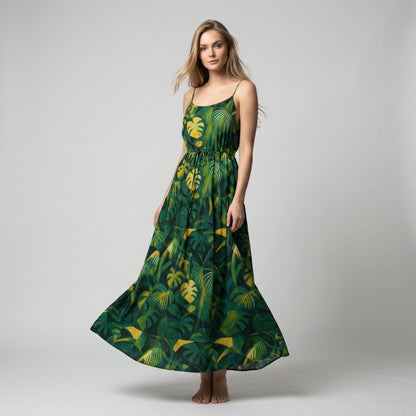 Maxi Dress with Waist Tie Green Leaves