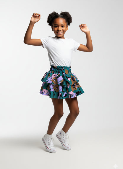 Kid's Smocked Ruffle Skirt in Dini's Teal Floral