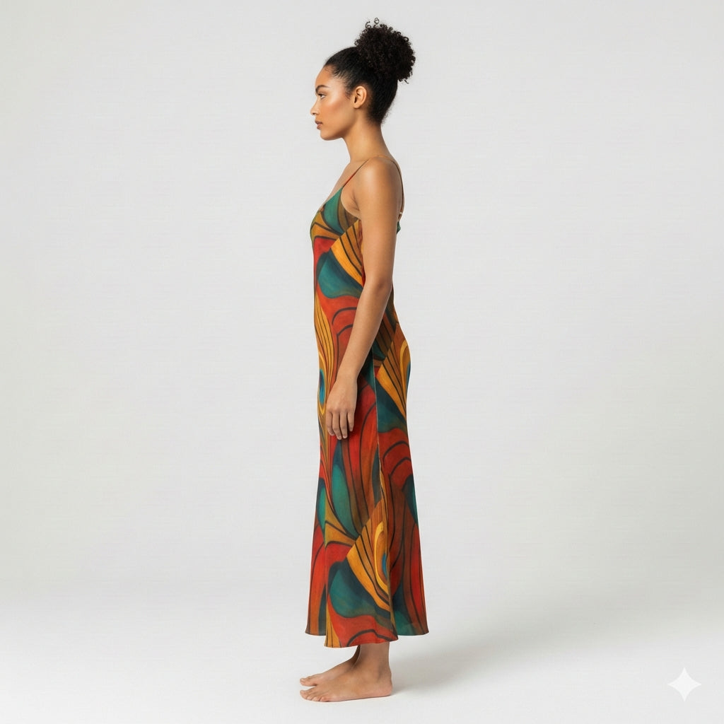 Bias Slip Dress Yellow Peacock Flower