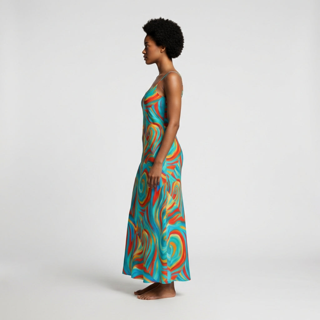 Bias Slip Dress Cyan Swirls