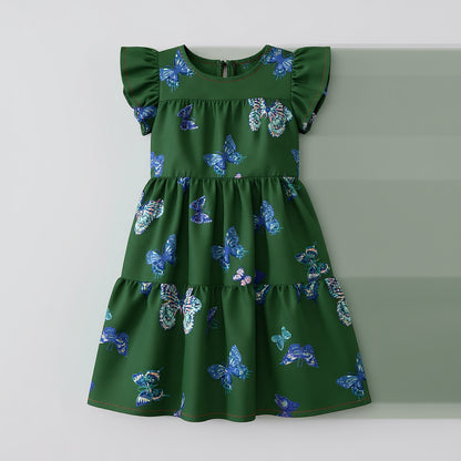 Kid's Dress Without Lining in Emerald Fluttering Butterflies