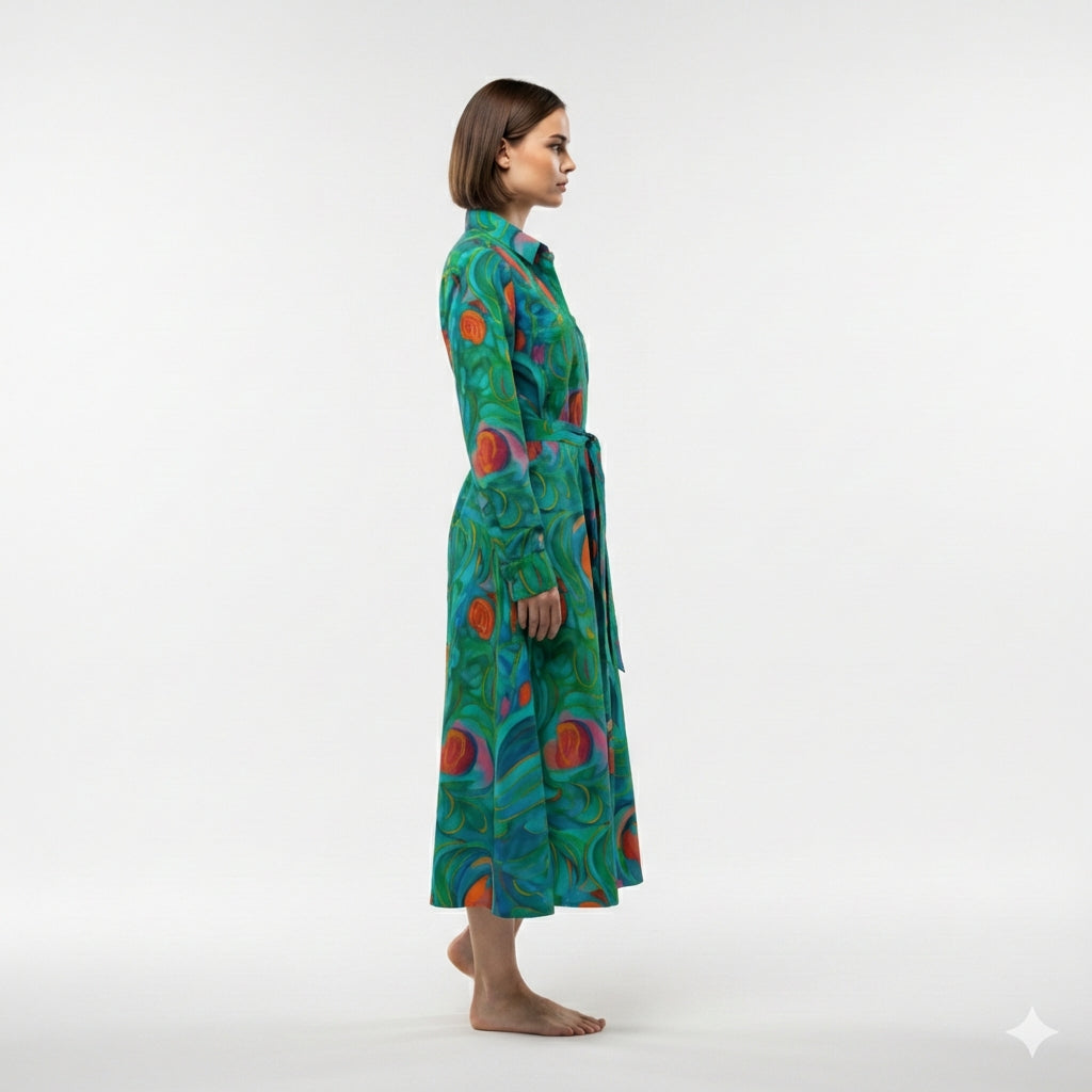 Button Front Shirt Dress Floral Swamp in Lightweight Cotton Poplin