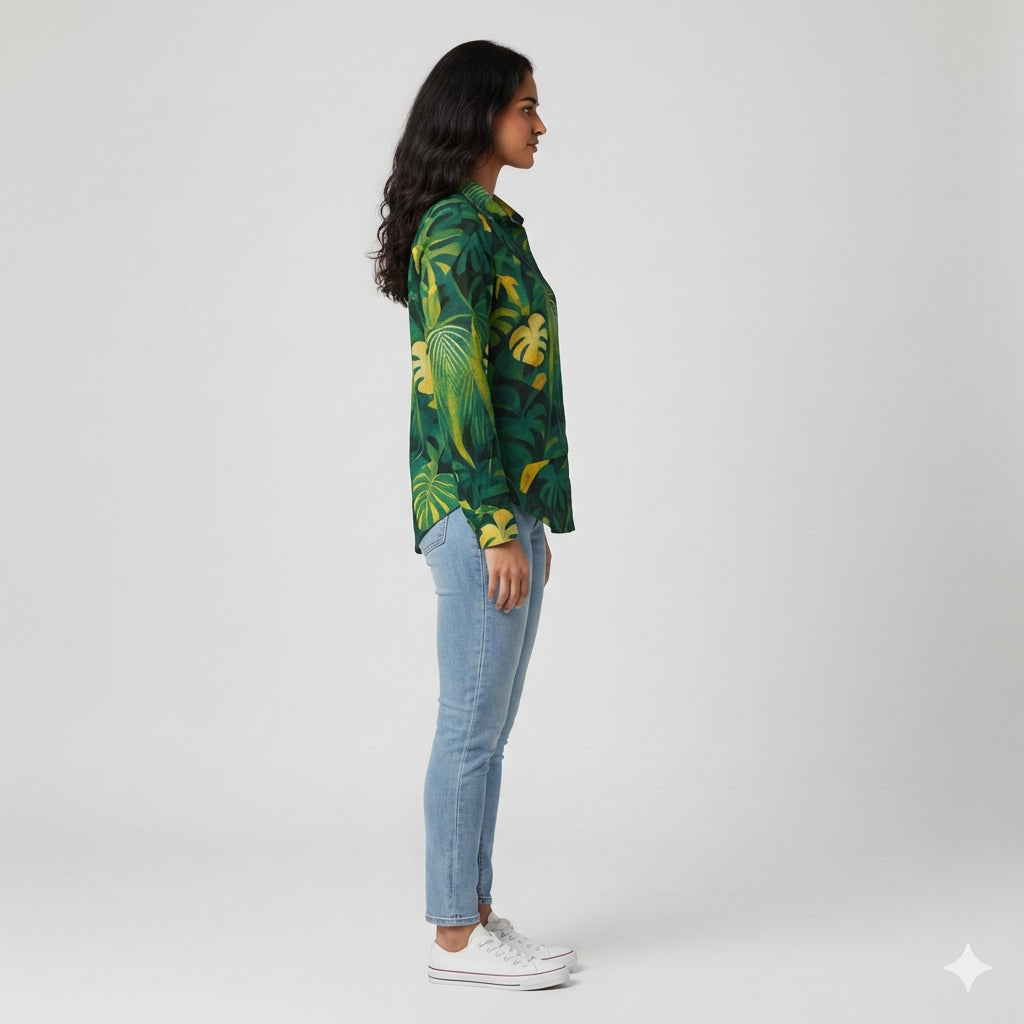 Button Front Shirt Green Leaves