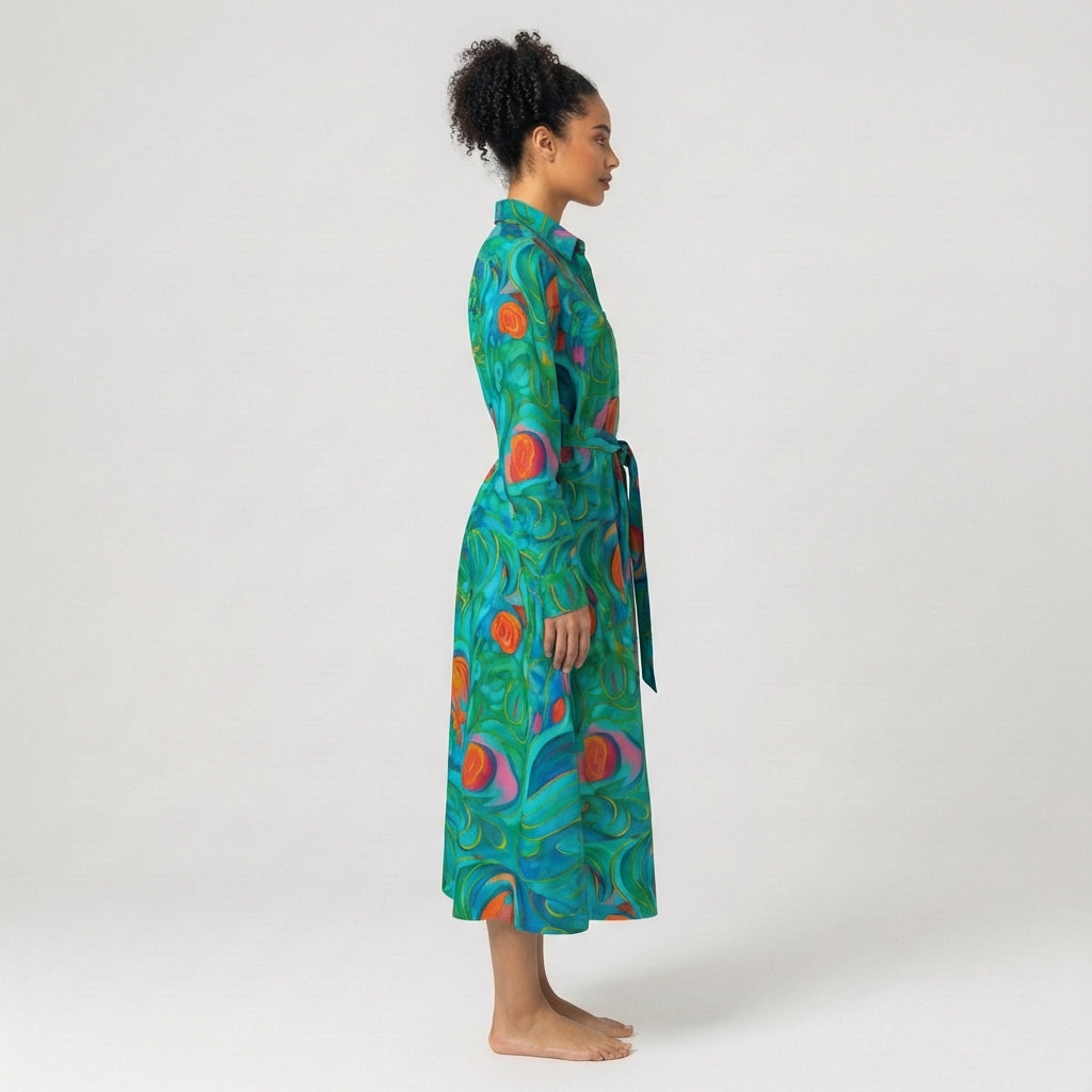Button Front Shirt Dress Floral Swamp in Lightweight Cotton Poplin