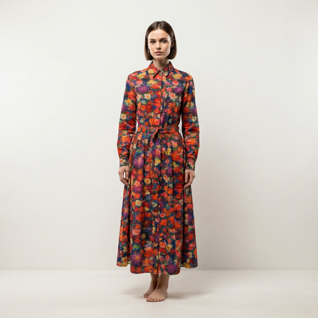 Button Front Shirt Dress Red Flower Bed