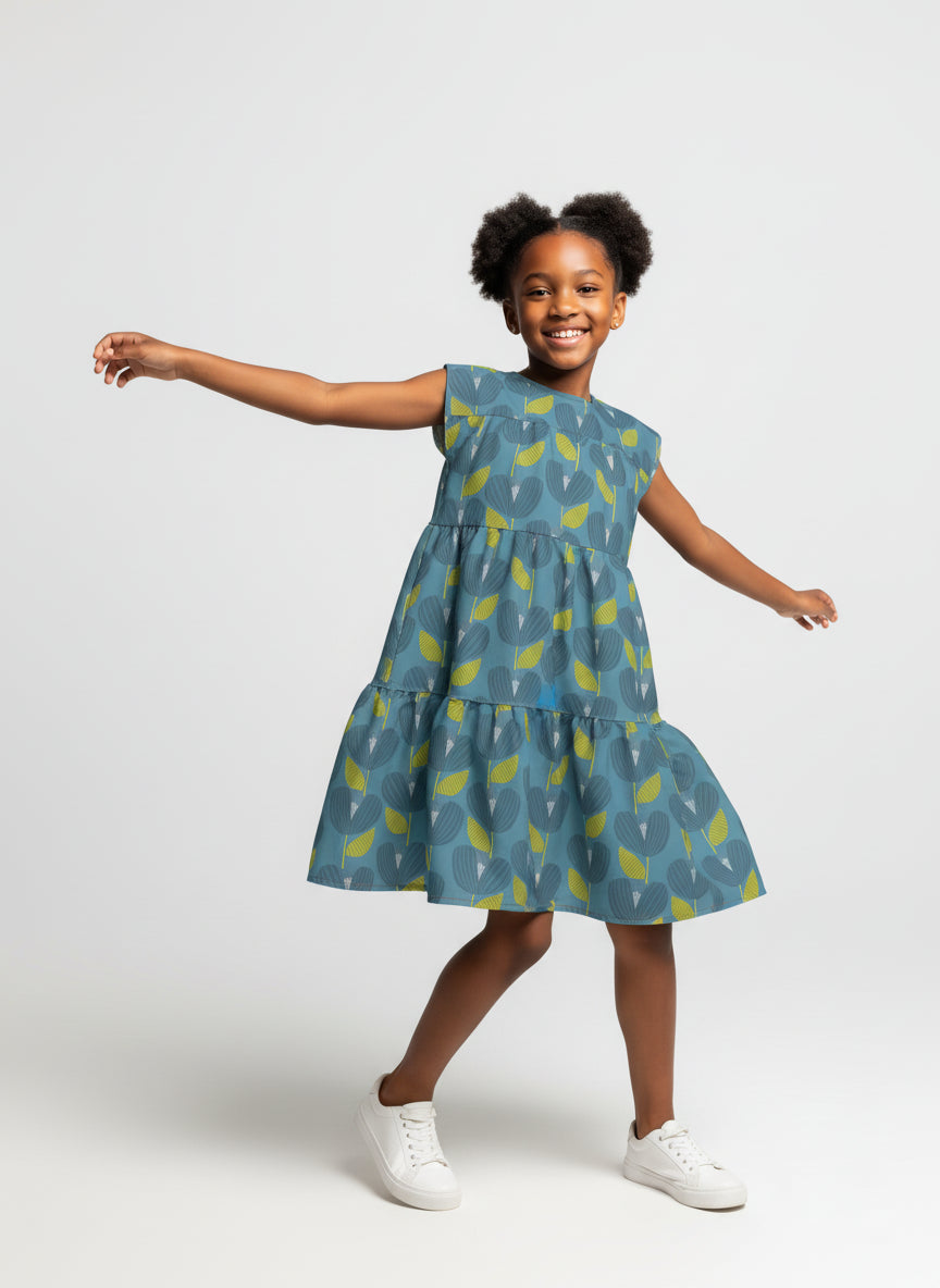 Teal Poppies Ruffle Dress with Lining