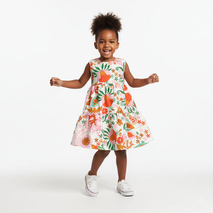 Kid's Ruffle Dress Without Lining in Ecru Dutch Blossoms
