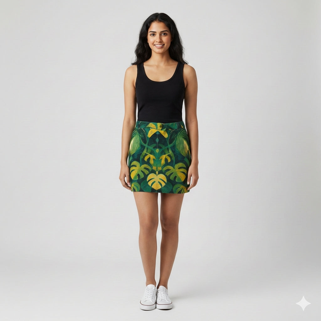 Denim Mini Skirt Green Leaves