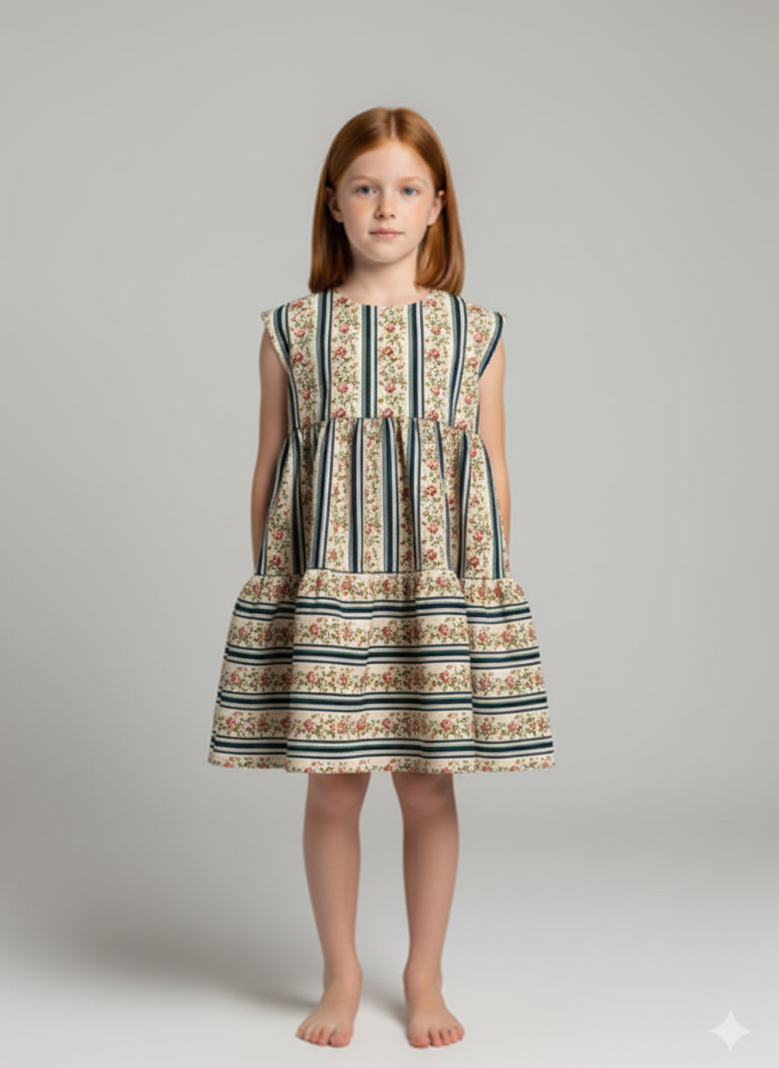 Girl Floral Stripe Corduroy Dress