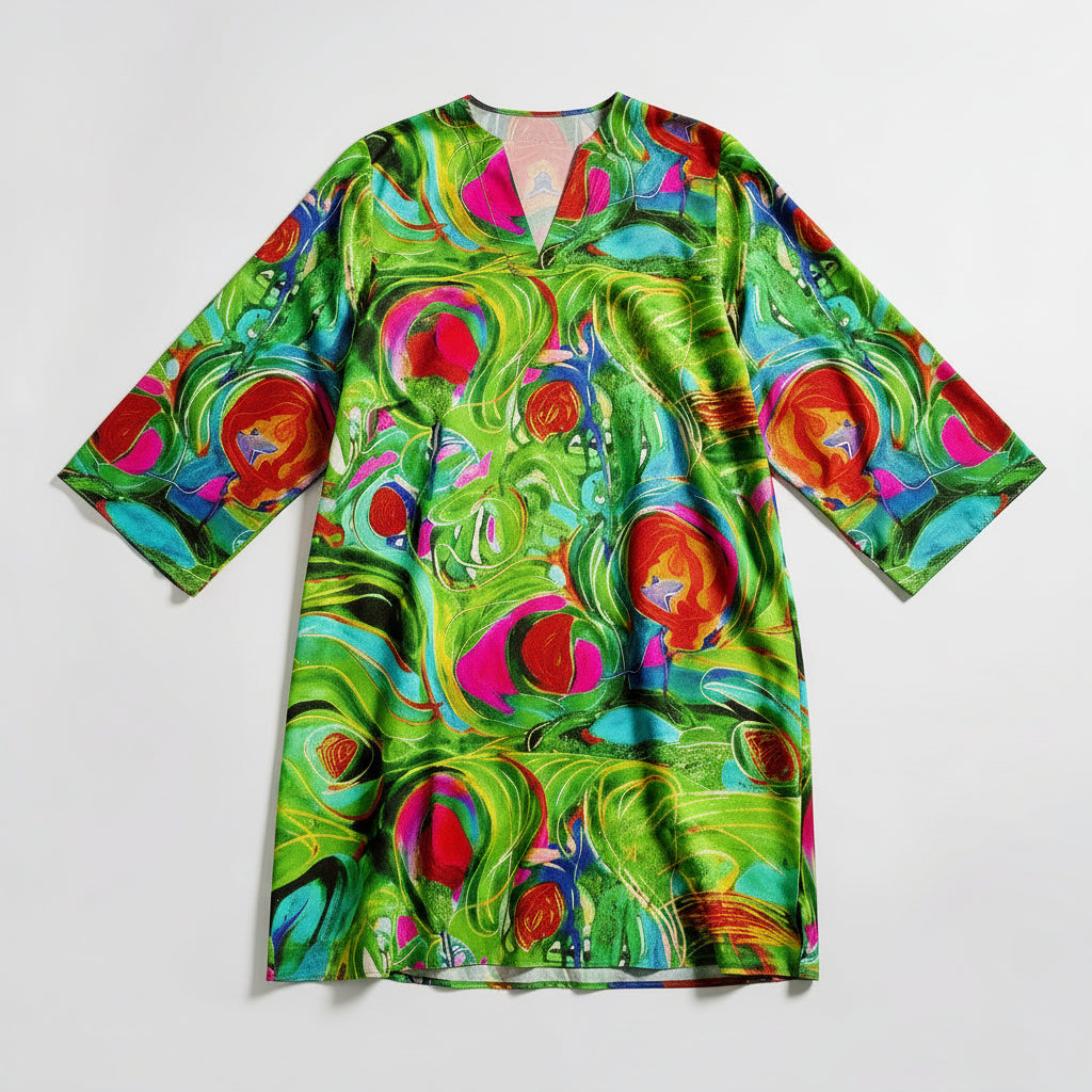 Short Caftan Dress Pink Water Lilies