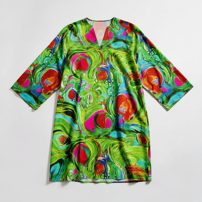 Short Caftan Dress Pink Water Lilies