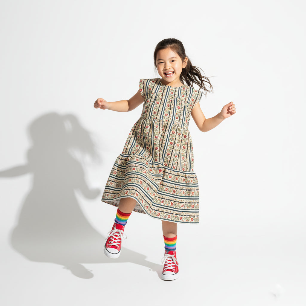 Girl Floral Stripe Corduroy Dress