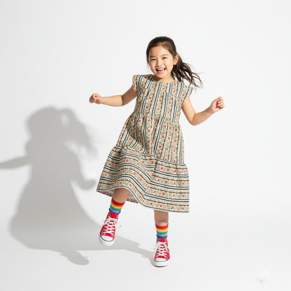 Girl Floral Stripe Corduroy Dress