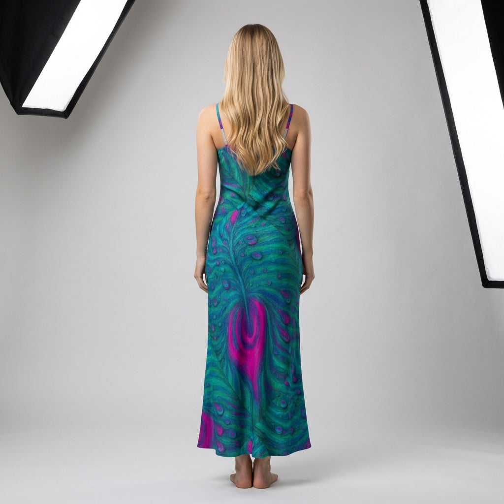 Bias Slip Dress Teal Peacock Feather