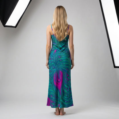Bias Slip Dress Teal Peacock Feather
