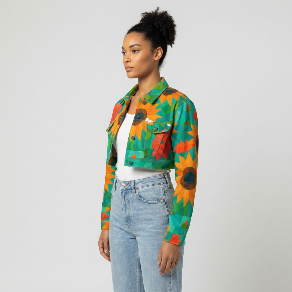 Cropped Jean Cotton Jacket Sunflowers