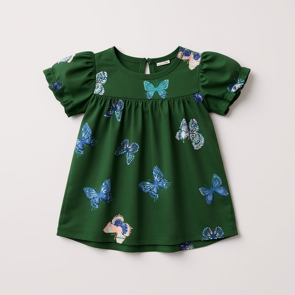 Kid's Ruffled Sleeve Top in Emerald Fluttering Butterflies