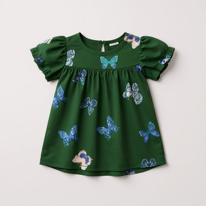 Kid's Ruffled Sleeve Top in Emerald Fluttering Butterflies