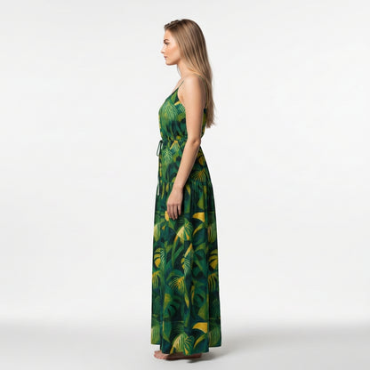 Maxi Dress with Waist Tie Green Leaves