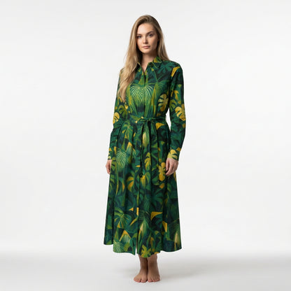 Button Front Shirt Dress Green Leaves