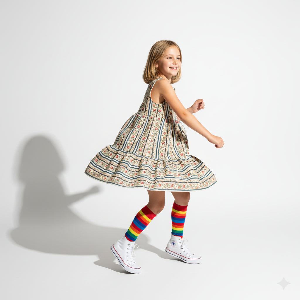 Girl Floral Stripe Corduroy Dress