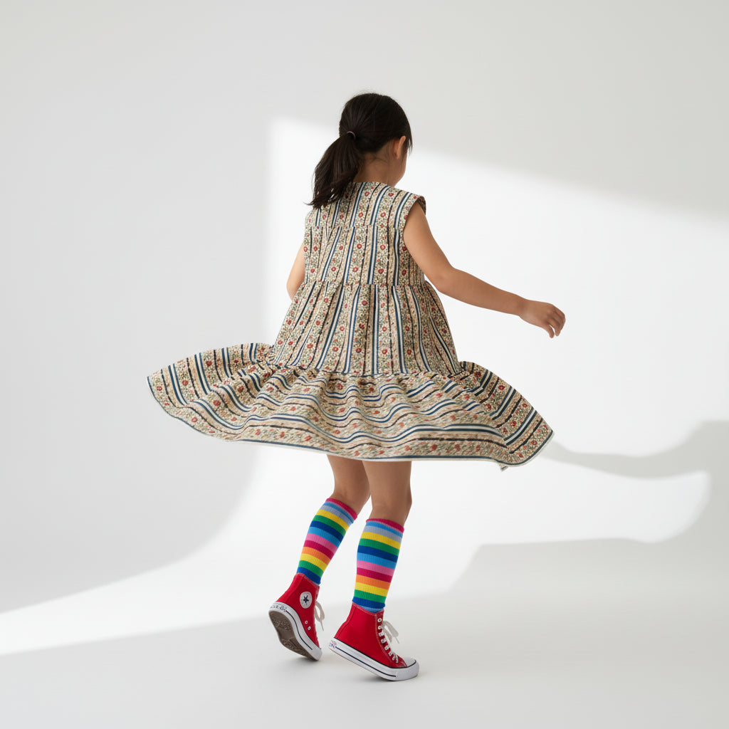 Girl Floral Stripe Corduroy Dress