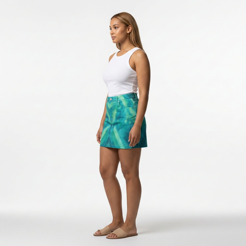 Denim Mini Skirt Turquoise Watercolors