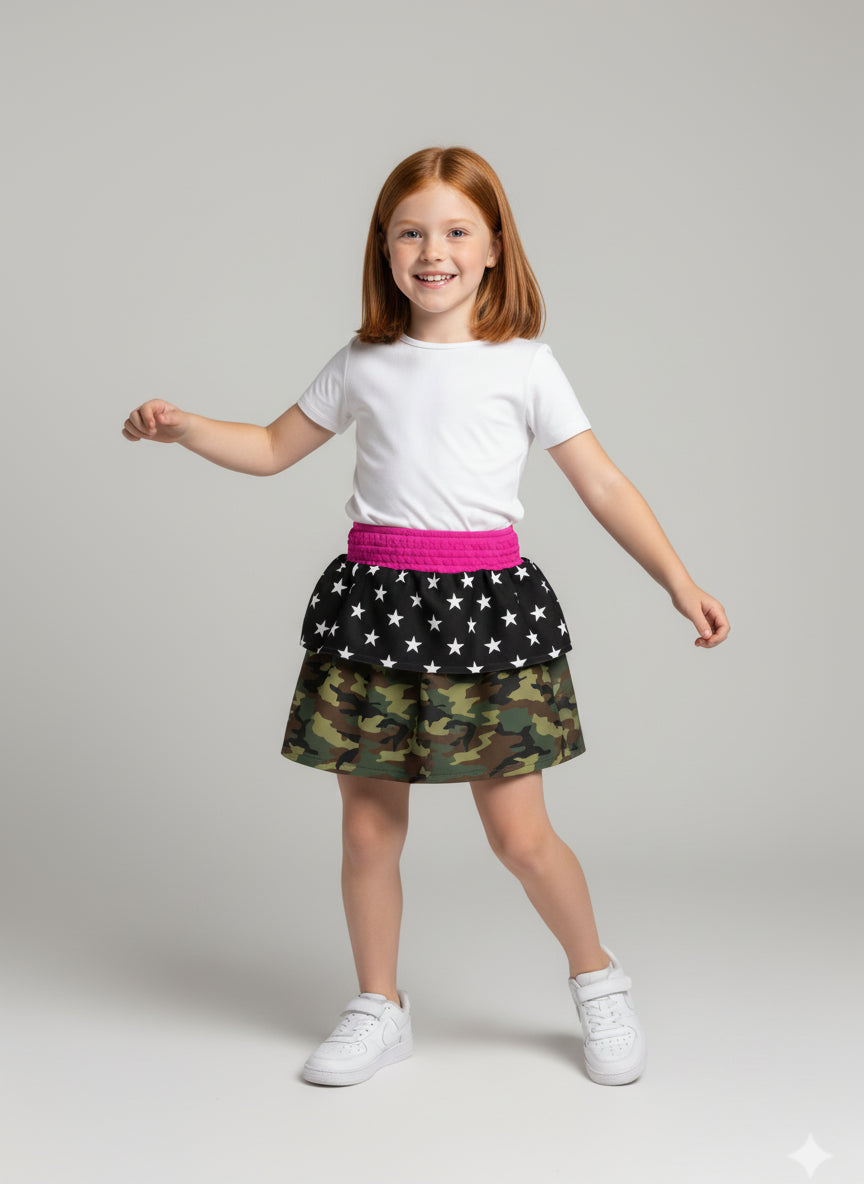 Smocked Ruffle Skirt in Star & Camo Patchwork