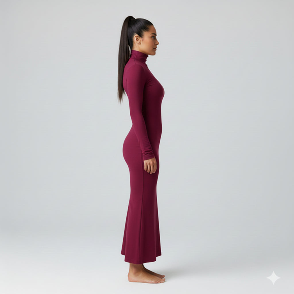 Turtleneck Body Con Dress in Mulberry Jersey