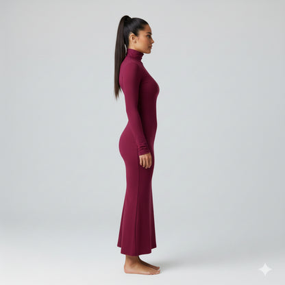 Turtleneck Body Con Dress in Mulberry Jersey