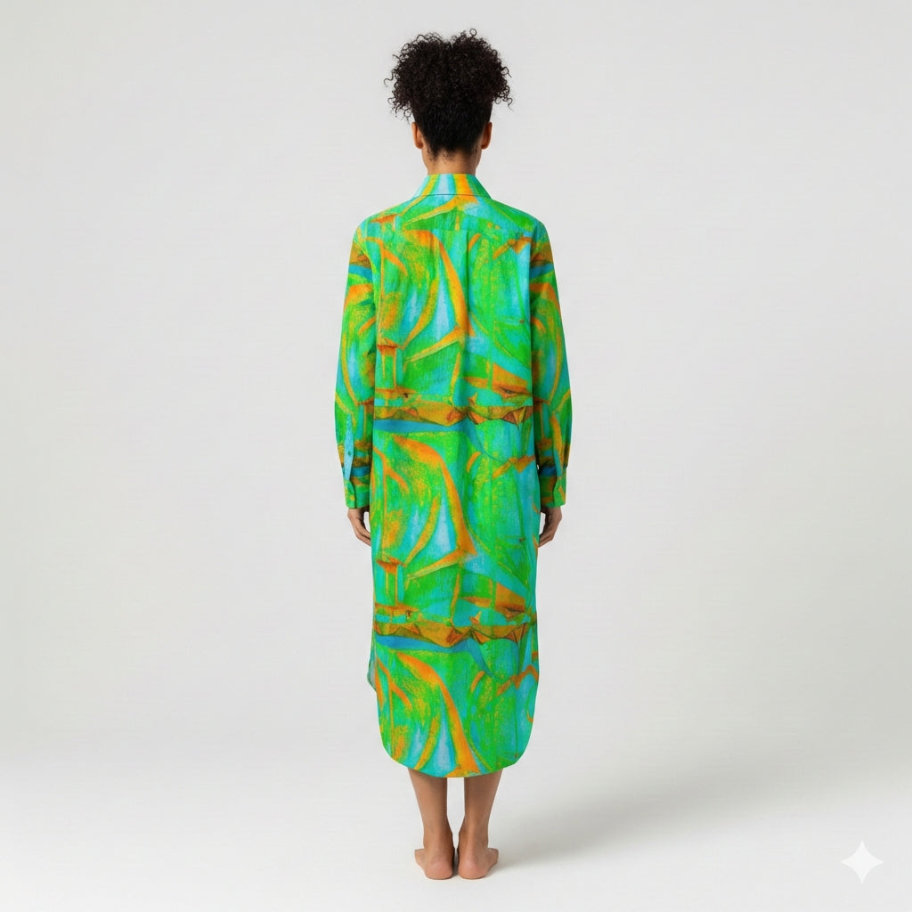 Long Sleeve Shirt Dress Palm Tree Island