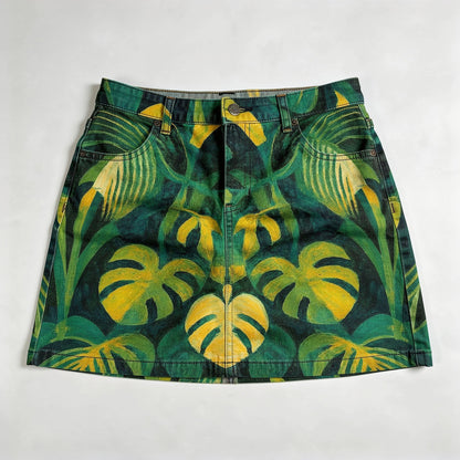 Denim Mini Skirt Green Leaves