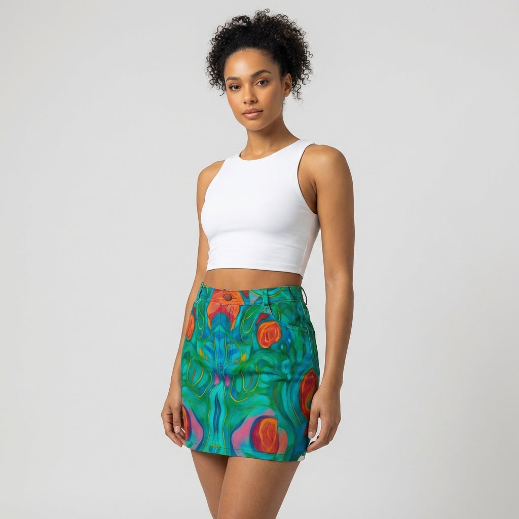 Denim Mini Skirt Floral Swamp