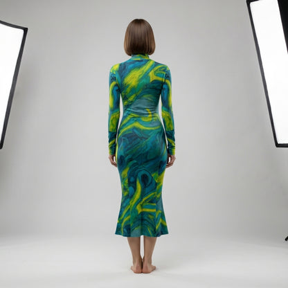 Sarong Maxi Turtleneck Body Con Dress Blue Jungle