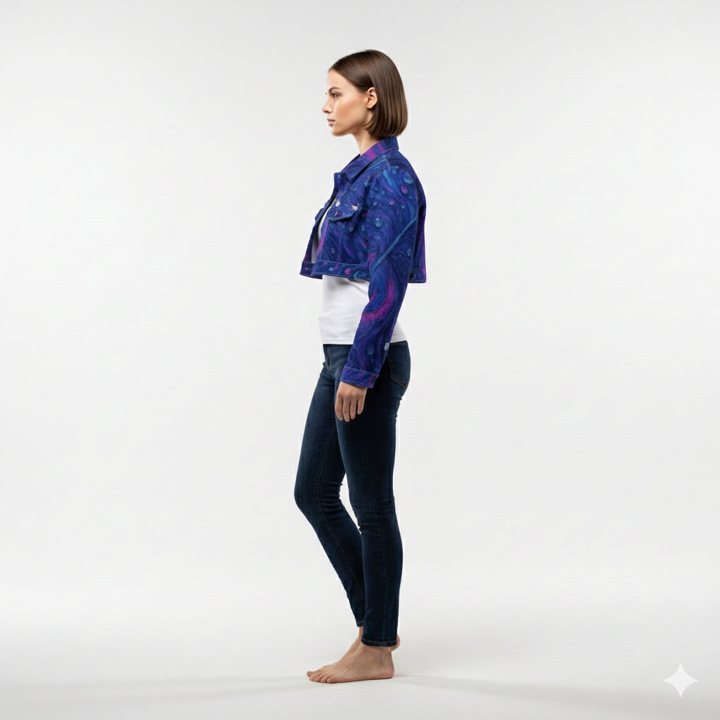 Cropped Jean Cotton Jacket Blue Peacock Feather