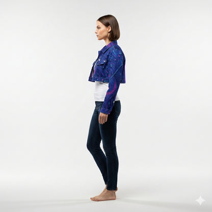 Cropped Jean Cotton Jacket Blue Peacock Feather