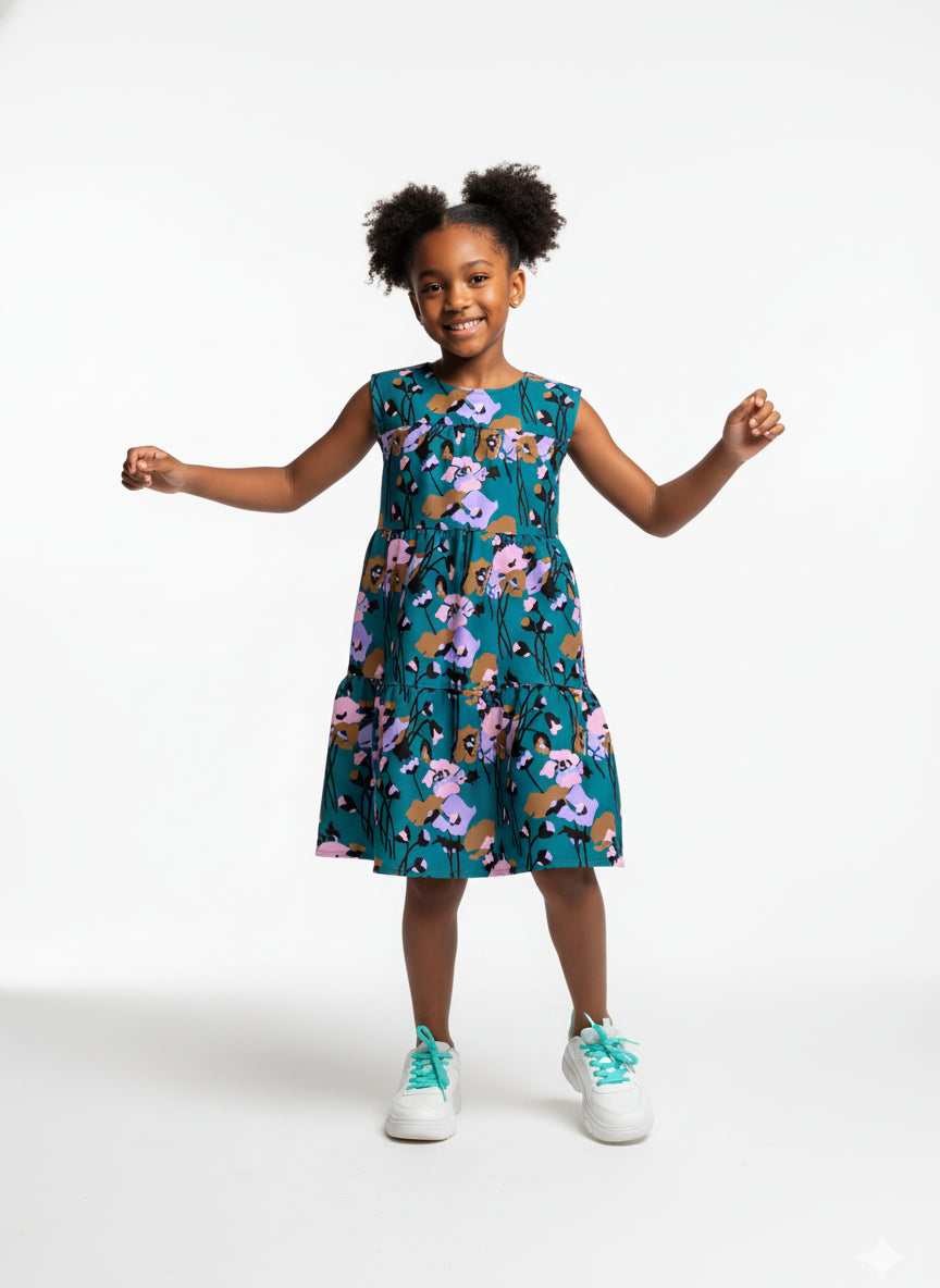 Kid's Ruffle Dress Without Lining in Dini's Teal Floral
