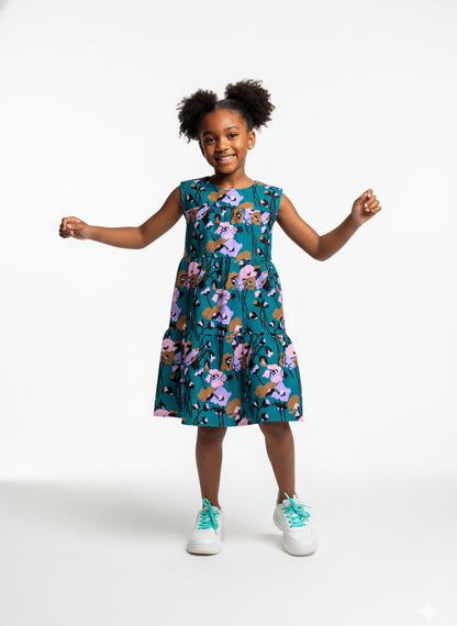 Kid's Ruffle Dress Without Lining in Dini's Teal Floral