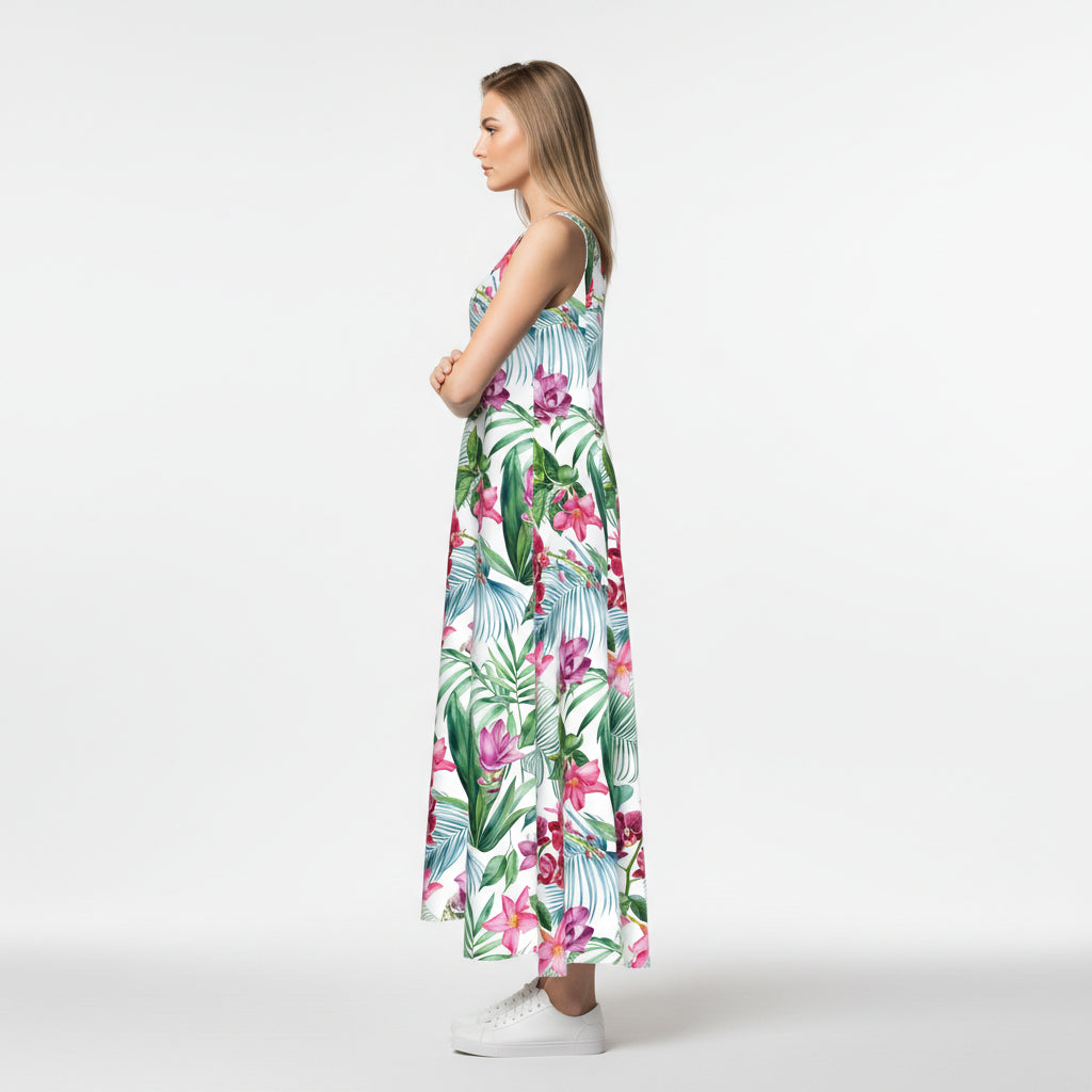 V-Neck A-Line Linen Dress – White Tropical Floral