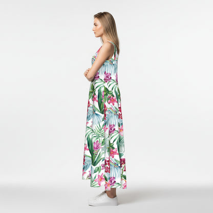 V-Neck A-Line Linen Dress – White Tropical Floral