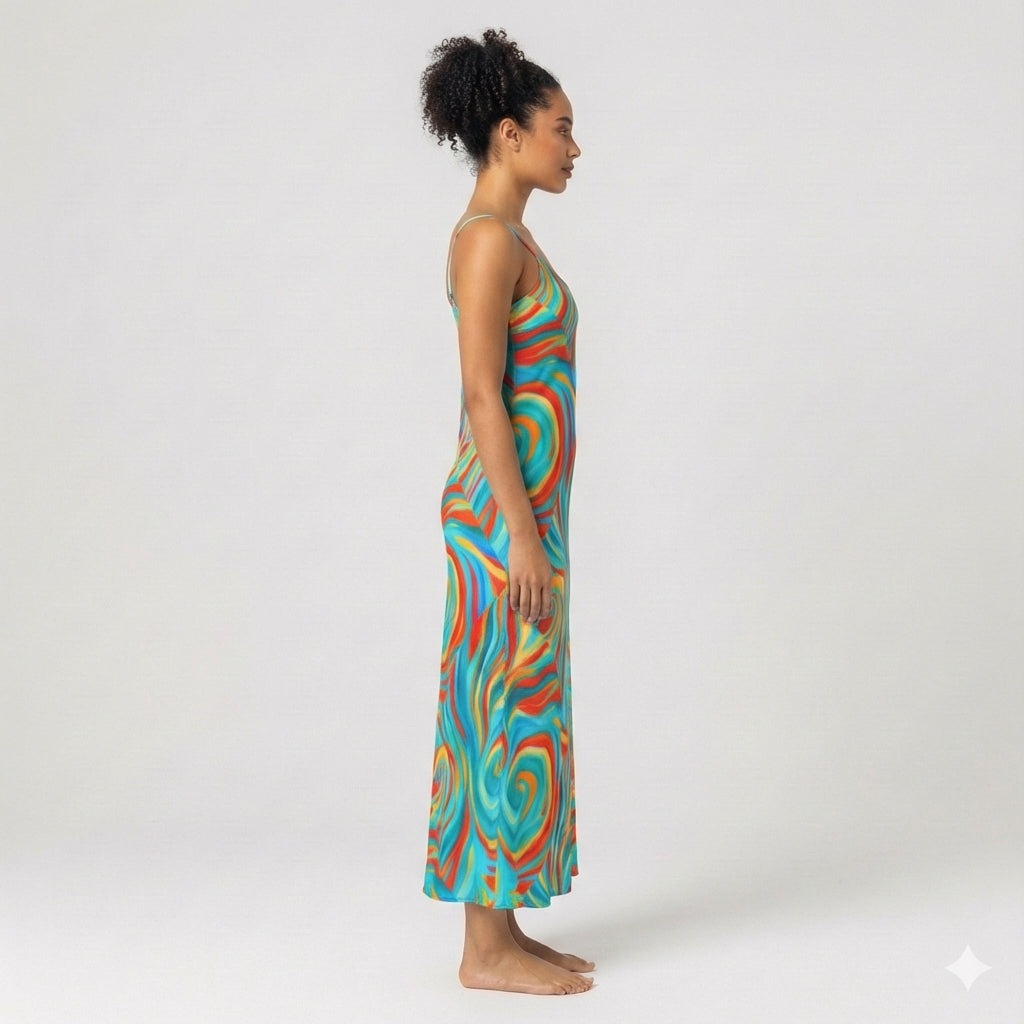 Bias Slip Dress Cyan Swirls