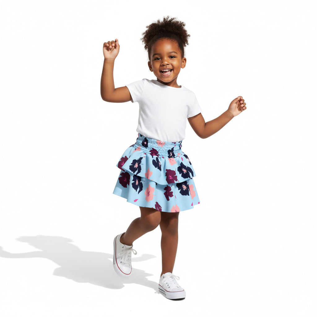 Kid's Smocked Ruffle Skirt in Light Blue Poppies