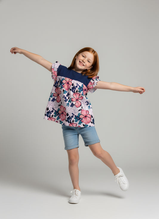 Girls Floral and Navy Ruffled Sleeve Top