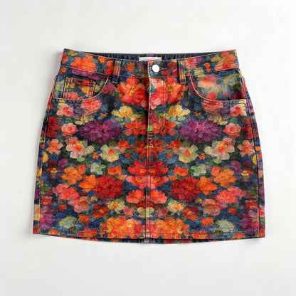 Cropped Denim Mini Skirt Red Flower Bed
