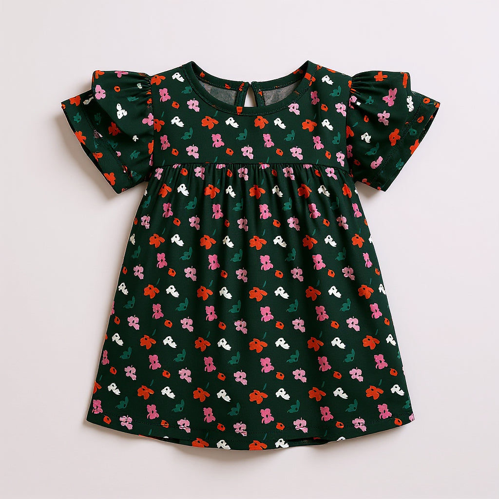 Kid's Ruffled Sleeve Top in Evergreen Painted Poppies