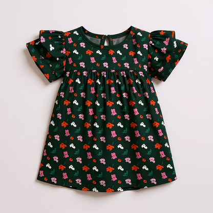 Kid's Ruffled Sleeve Top in Evergreen Painted Poppies