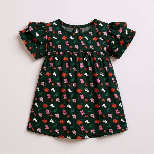 Kid's Ruffled Sleeve Top in Evergreen Painted Poppies