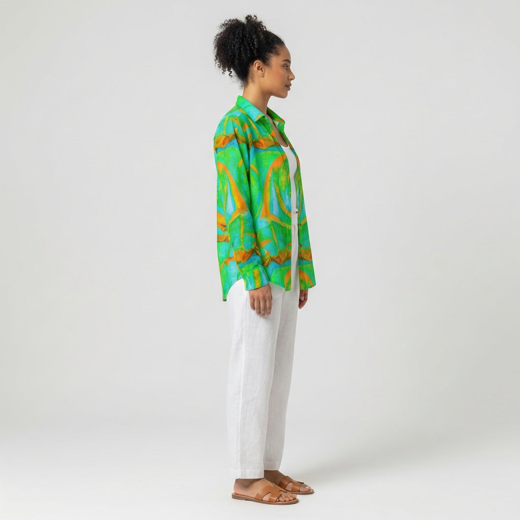 Button Front Shirt Palm Tree Island